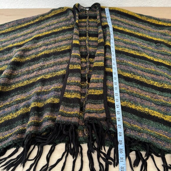 Kensie Striped Black Green Yellow Poncho Fringe Hem Blanket Shawl Button Details - Picture 9 of 13